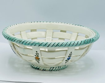 Made in Italy CERAMIC Woven Basket weave Floral Hand Painted DECORATIVE Italian Bowl