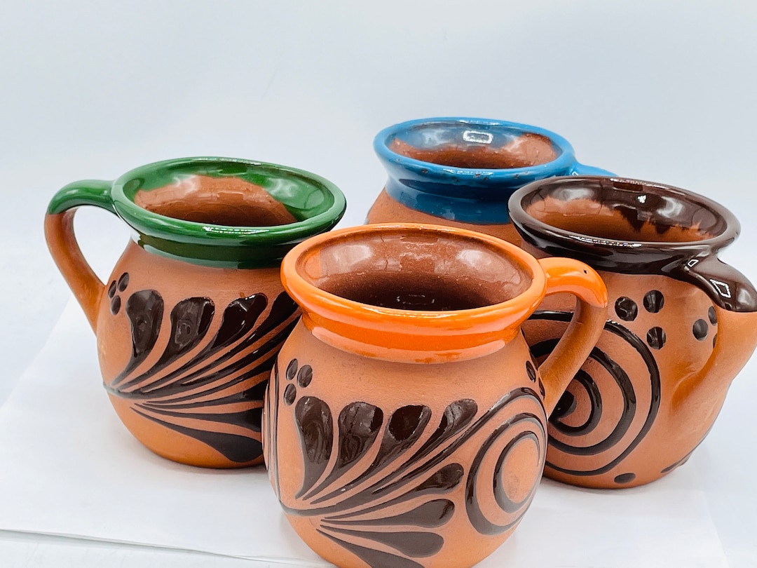 4 Mexican Coffee Mugs Jarritos Mexicanos Flower Design Traditional Clay