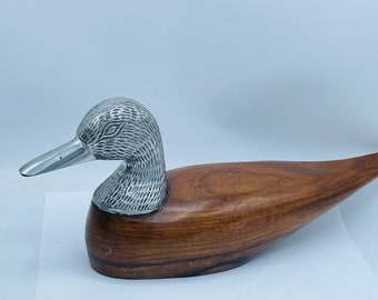 Vintage Duck Figurine Silver Tone Metal Head Hand Carved Brown Wooden Body 14”