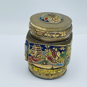 Vintage Brass Enamel Chinese Snuff Tea Tobacco Leaf Jar Box Cloisonne