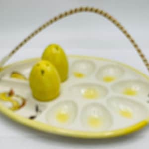 Egg Shaped Deviled Egg Plate with 2 egg shaped Salt and Pepper Shakers Vintage DAVAR Original Ceramic Easter Chicks Japan