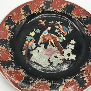 Antique You XIAN JU JIANZHI Porcelain Dish Plate circa 1870&#39;s- Features pheasant- Black and Red border- Famille Noire