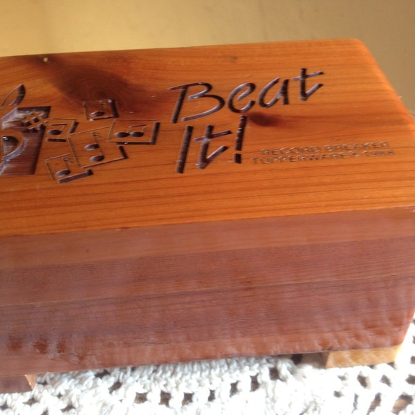 Vintage Cedar Box "Beat It" Musical Notes- Tupperware 1988- Storage Keepsake Box