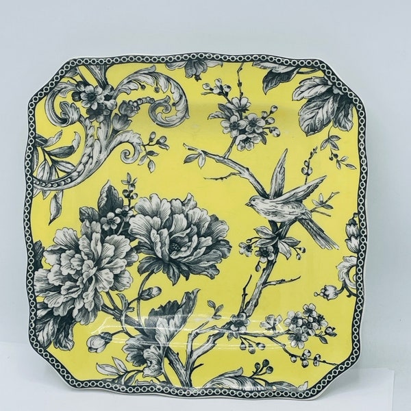 222 Fifth Adelaide Yellow & Black Toile Square 9" Luncheon  Plate