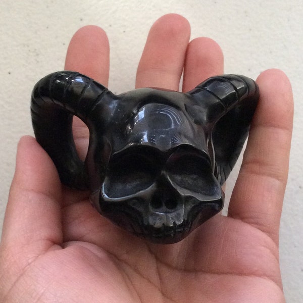 OBSIDIAN Skull with Horns, demon skull, obsidian carving, obsidian stone, carved Skull, Crystal Skull, stone Skull