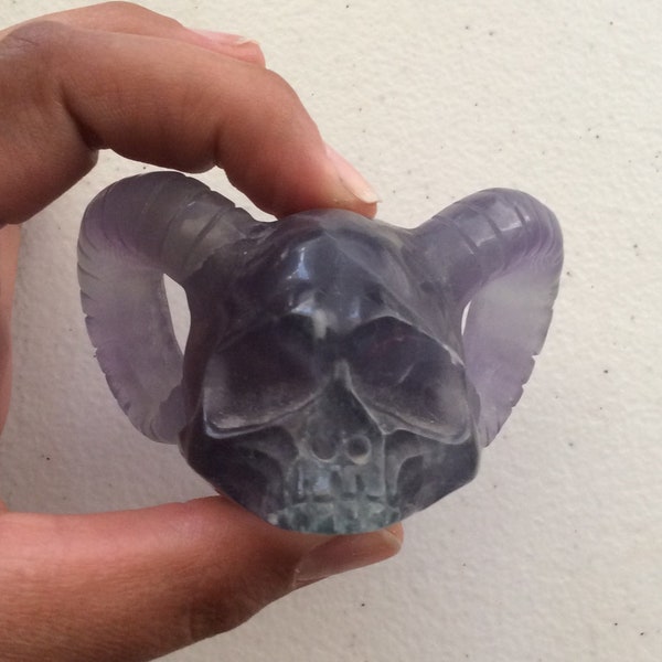 Fluorite Demon Skull with Horns, carved Skull, Fluorite Crystal, Crystal Skull, stone Skull, Fluorite stone, Fluorite carving