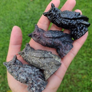 May include: Four carved owl figurines in varying shades of gray, black, and brown are held in a hand. The owls have textured surfaces and detailed features, with a focus on their beaks and eyes. The background is blurred green grass.