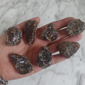 May include: A collection of seven dark brown amber stones of various shapes and sizes. The stones are smooth and have a glossy finish.