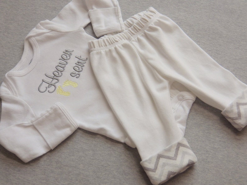 Newborn Pants with Chevron Cuffs Gender Neutral Heaven Sent with Baby Feet Newborn Coming Home from Hospital Outfit