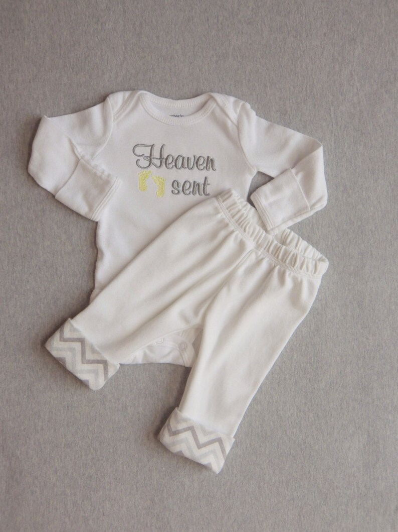 Newborn Pants with Chevron Cuffs Gender Neutral Heaven Sent with Baby Feet Newborn Coming Home from Hospital Outfit