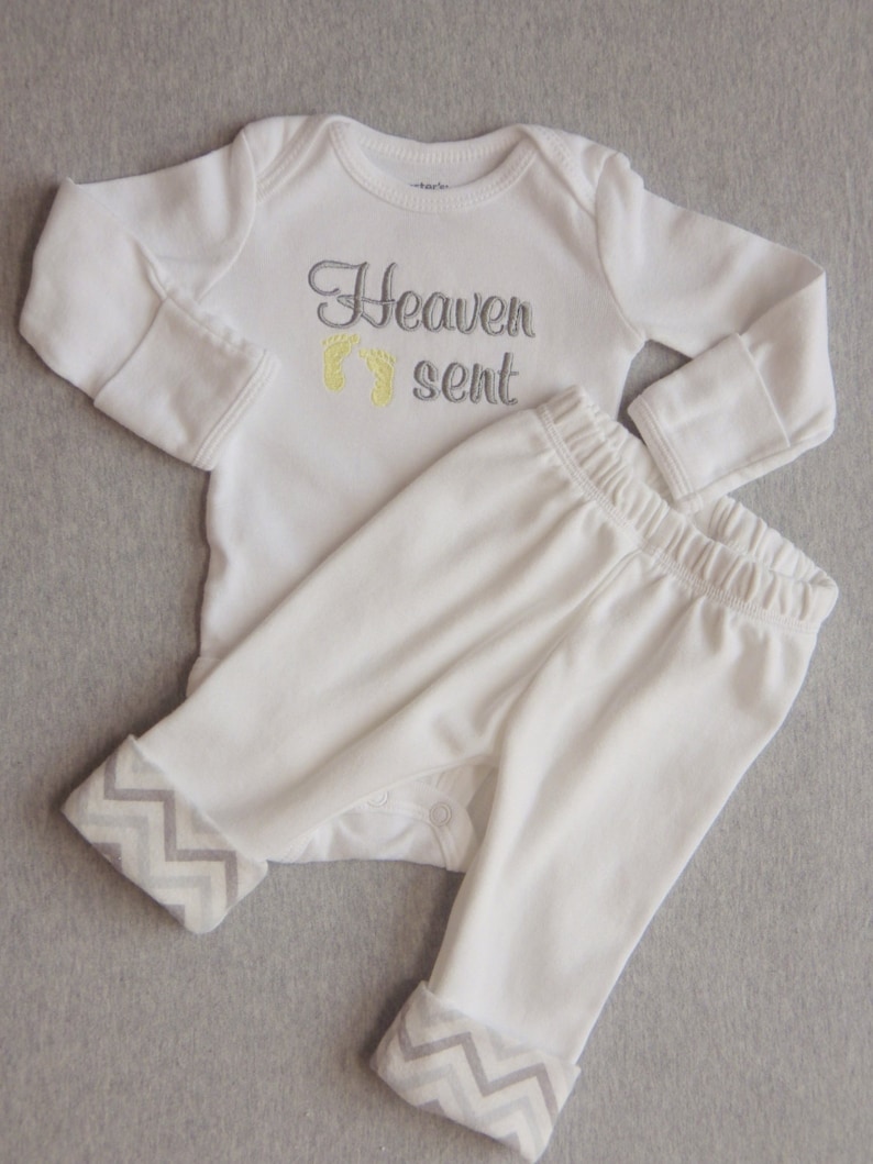 Newborn Pants with Chevron Cuffs Gender Neutral Heaven Sent with Baby Feet Newborn Coming Home from Hospital Outfit