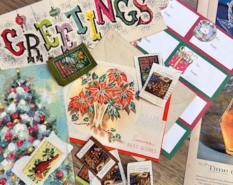 May include: A collection of vintage Christmas cards, stamps, and envelopes. The cards feature festive designs, including a Christmas tree, poinsettias, and the word "GREETINGS". Stamps depict religious scenes and wildlife.