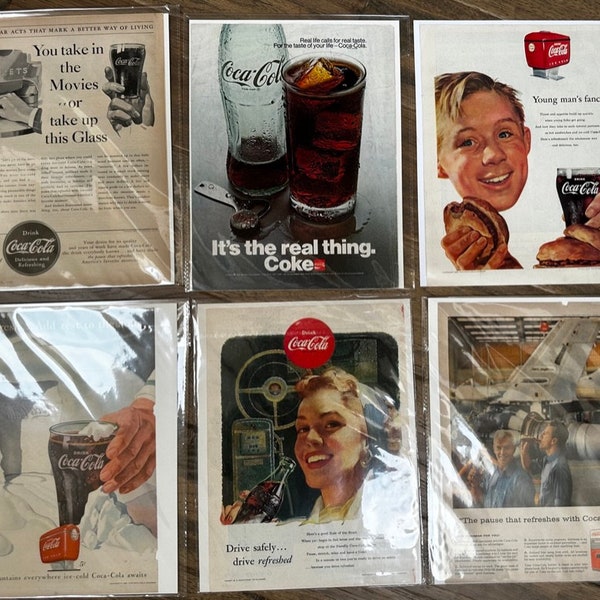 Vintage Coca~Cola Magazine Ads, clean pages from 1940s - 1970 magazines perfect for framing, paper crafting, or junk journaling; 6 designs.