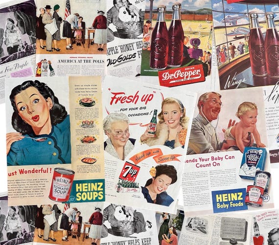 Vintage Magazine Page Set: 1930s-80s Collage Paper, Junk Journal, 35+ pages