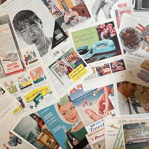 May include: A collage of vintage mid-century magazine advertisements featuring various illustrations and photographs of household products, food, automobiles, and people, with printed text including brand names like Frigidaire, Swan, and Tareyton.