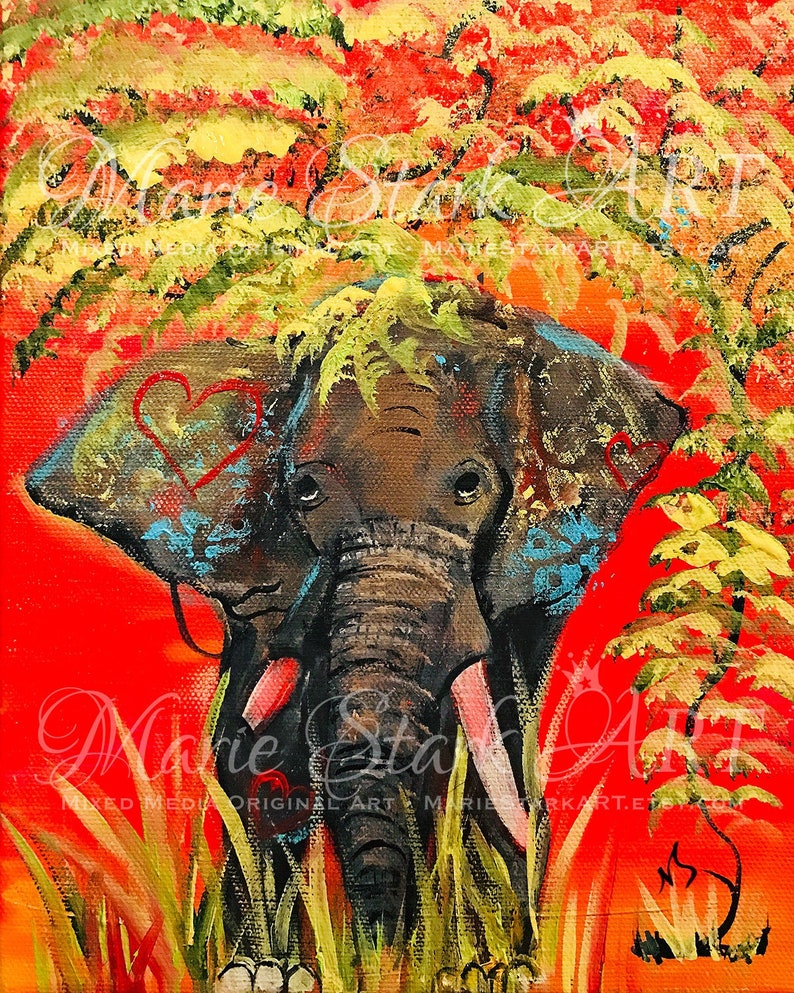 Whimsical Animal PRINT Mixed Media Art African Elephant Etsy