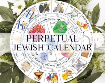 Jewish Calendar PDF, Hebrew Calendar, Printable Jewish Decor, Jewish Decorations, Jewish Year, Perpetual Calendar, Round Calendar