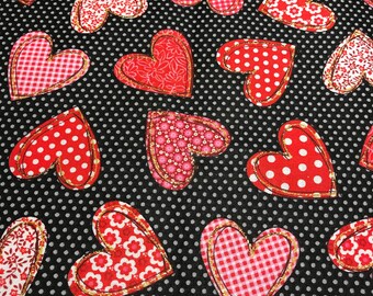 Valentines Fabric - patterned hearts  on black polka dots