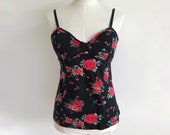 vintage 90s camisole bustier stretchy bust cup black red rose floral top grunge christmas holiday party