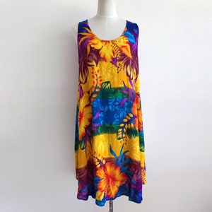 vintage tropical hawaii aloha sunset surf print 90s mini dress yellow floral mini