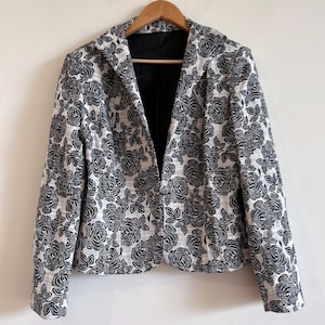 Vintage Silver Grey black Jacket Rose Print Floral Jacket Retro