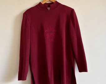 Vintage Red Jumper Burgundy Maroon Spinelli Crest Mock Neck Wool Sweater