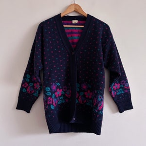 Vintage Blue Purple Pink 80s 90s Jumper Cardigan Knit Flower Print Floral