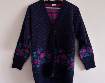 Vintage Blue Purple Pink 80s 90s Jumper Cardigan Knit Flower Print Floral