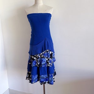 Vintage Blue Strapless Dress Tiered Ruffle Mesh Rose Print Black White.