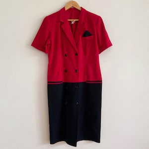 vintage 80s red black dress boxy tuxedo jacket dress midi knee pocket square
