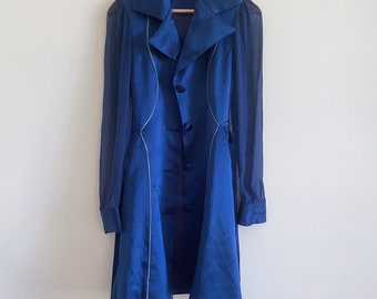 vintage Retro Blue Coat Jacket 70s 80s Sheer Satin Piping