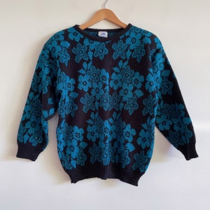 Vintage Black blue sweater Metallic Floral Knit Jumper Retro sweater