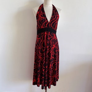 Vintage 90s Halter Dress Red Black Swirl Print Midi Dress