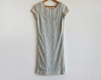 Vintage 60er Jahre Aqua Lace Etuikleid: Midi Knielang