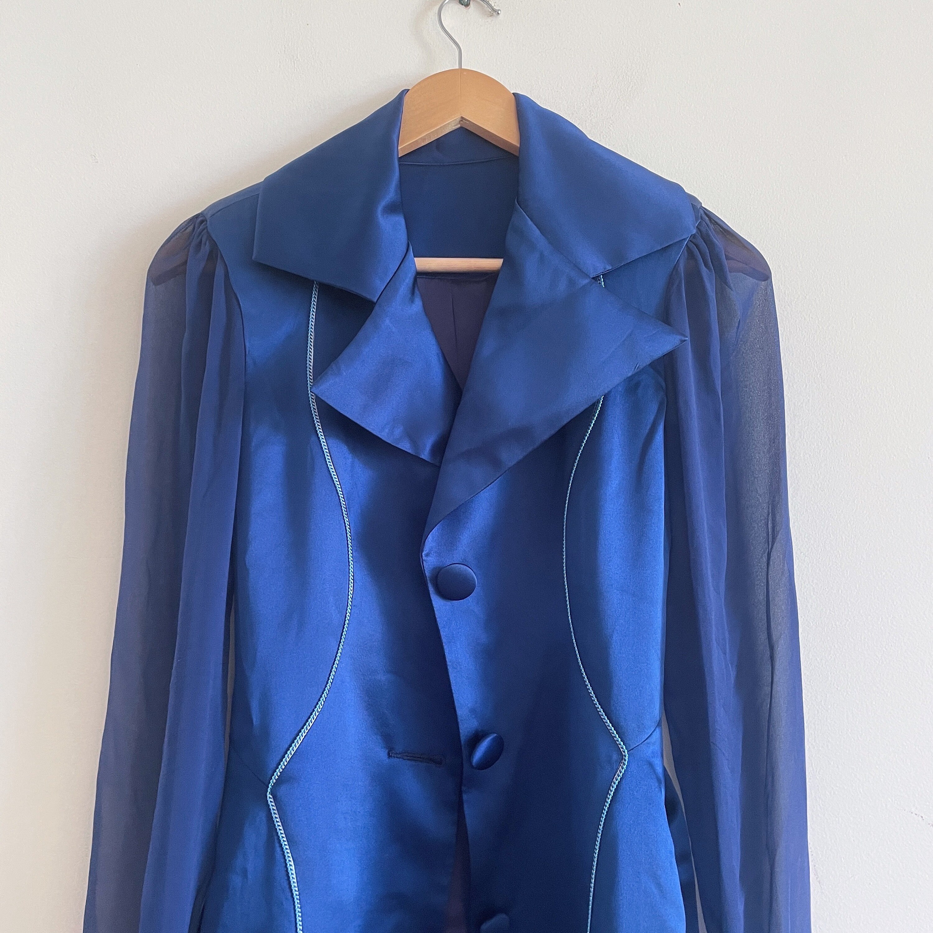 Vintage Retro Blue Coat Jacket 70s 80s Sheer Satin Piping - Etsy