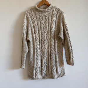 Vintage Oatmeal Cream Jumper Knit Sweater Long Oversized Fisherman Classic