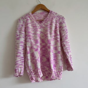 vintage pink purple white knit Jumper Sweater Vneck Knitted Pullover Wool