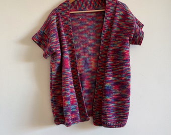 Vintage Rainbow Knit Cardigan Short Sleeve Sweater Vest Purple Bright.