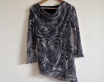 Vintage y2k grey swirl print top asymmetric lettuce hem silver thread cowl tunic.
