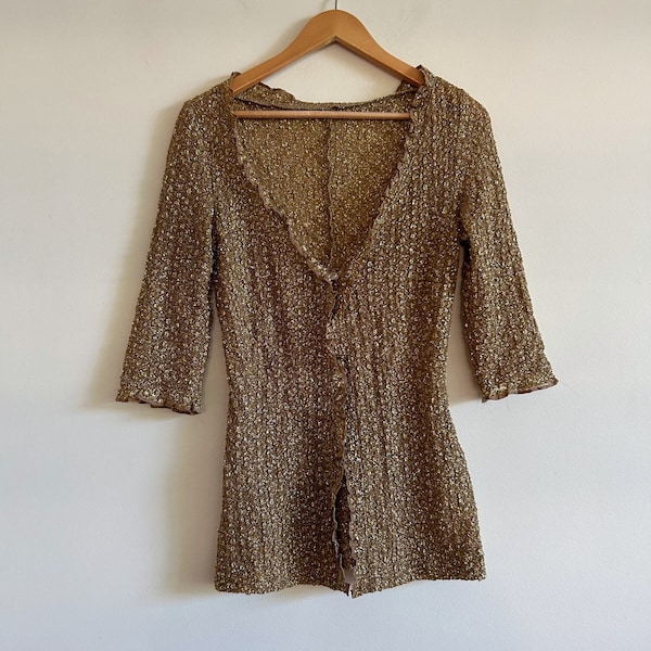 vintage gold cardi button up blouse ruffle ruched textured cardigan 90s y2k.