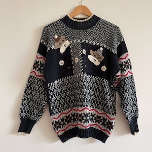 Vintage jumper black knit Cosby sweater 80s 90s kitsch teddy novelty sweater