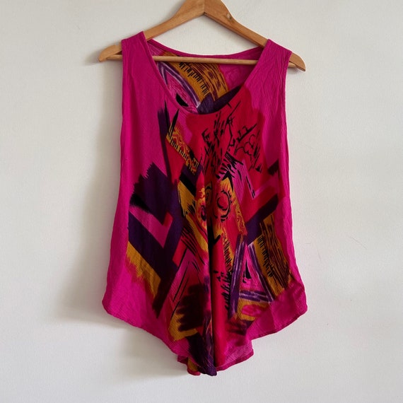 Vintage Bright Pink Tank Top Crinkle Fabric Bold … - image 2