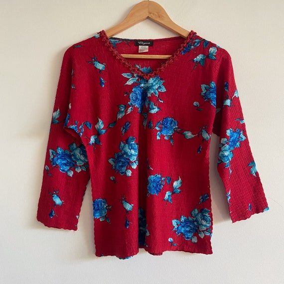 vintage red blue floral top shirt long sleeve 90s… - image 3