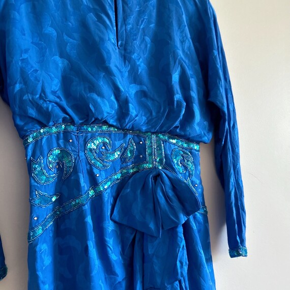 Vintage Blue Silk Dress 80s 90s Cobalt Blue Sequi… - image 5