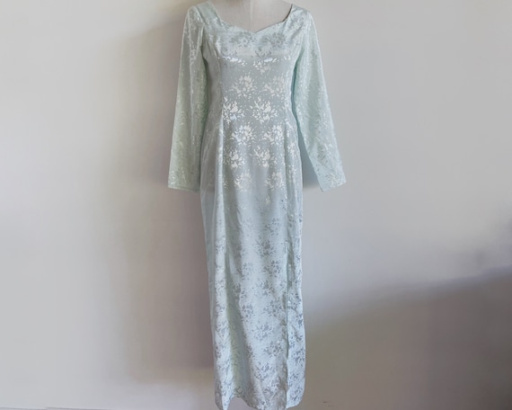 vintage mint green satin long sleeve long dress ab