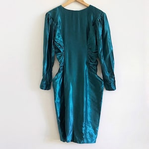 Vintage shiny teal dress long sleeve ruched side dress pockets button back / vintage 1970s 70s 80s / vintage avant garde editorial formal
