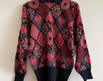 vintage rouge noir pull tricoté déclaration pull moelleux duveteux doux slouchy années 80