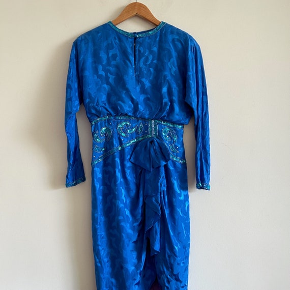 Vintage Blue Silk Dress 80s 90s Cobalt Blue Sequi… - image 3