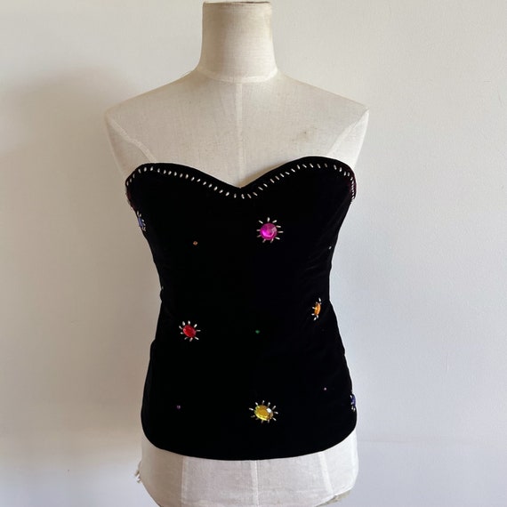 Vintage Black Velvet Bustier Corset Top Rainbow Jewels Embellished