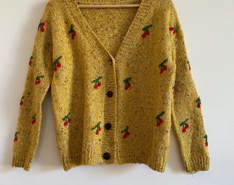 vintage yellow knit cardigan mottled cottagecore cardi cherry embroidery.